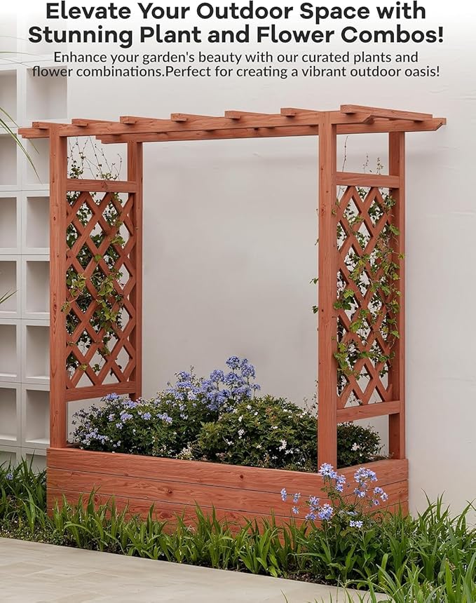 Raised Garden Bed with Trellis and Hanging Roof, Wooden Planter Box with Side Supports and Drainage, Freestanding Elevated Planter for Climbing Plants, Vines, and Flowers, 43x17x44Ft