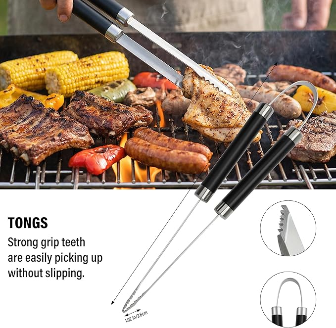 Yekale BBQ Grill Accessories Set, Grill Tools Grilling Accessories Grilling Gifts for Men - Spatula, Fork, Brush, Tongs & Cleaning Brush - Outdoor Barbecue Utensils Gifts for Men Dad Him (Black)