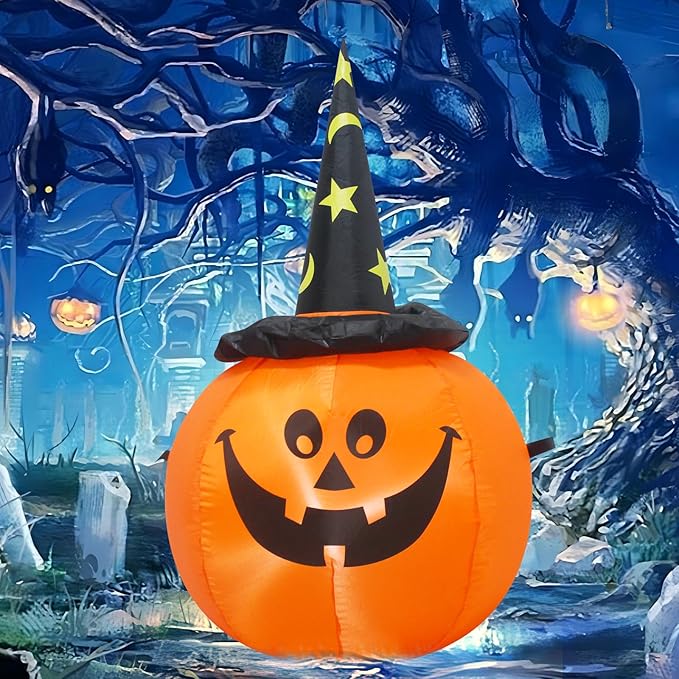 TRMESIA 3.5FT Halloween Inflatable Pumpkins Wear Witch Hats Decorations with Lights, Indoor Outdoor Yard Blow up Decoration Christmas Holiday Addition