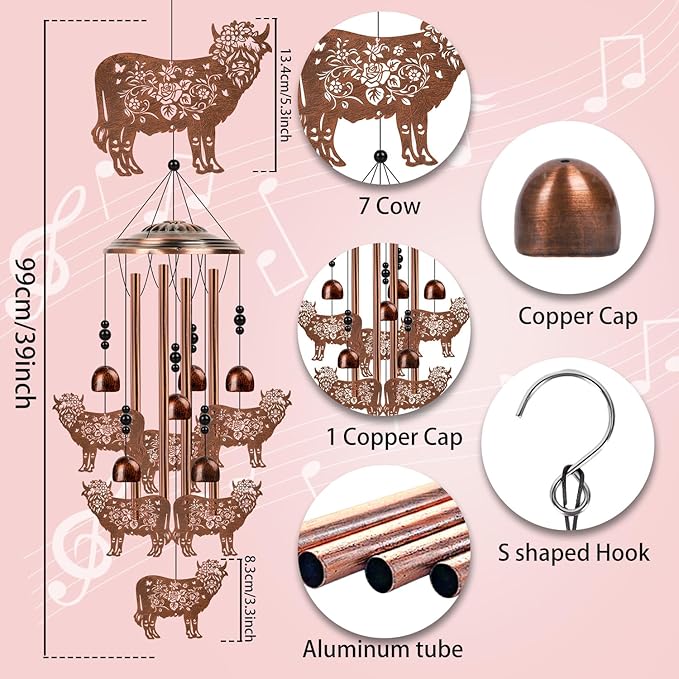 Highland Cow Wind Chimes - Cow Gifts for Men Women, Mom Grandma Wife Friends Birthday, Sympathy Memorial Wind Chimes for Outside, Garden Patio Yard Porch Home Decor