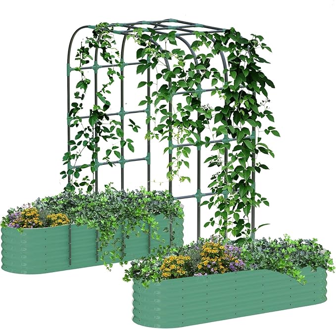 Galvanized Raised Garden Bed with 96" Vertical Arch Trellis, Expandable Outdoor Planter Box with Dual Sections, Rust-Resistant Garden Bed for Flowers, Herbs, Vegetables, Vines, Green