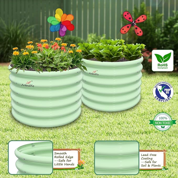 A ANLEOLIFE Kids Mini Raised Garden Beds Outdoor (4-Pack)-24x24x18in Round Galvanized Metal Planter Box for Planting Vegetables, Flowers, Fruits, Eco-Safe & Easy Setup, Mint Green