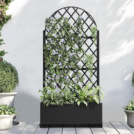 Casaphoria Metal Raised Garden Bed with Trellis and Wheels, 72"x35"x16" Planter Box for Climbing Plants, Vegetables & Vines, Features Drainage Holes and Privacy Screen (Black-Laurence)