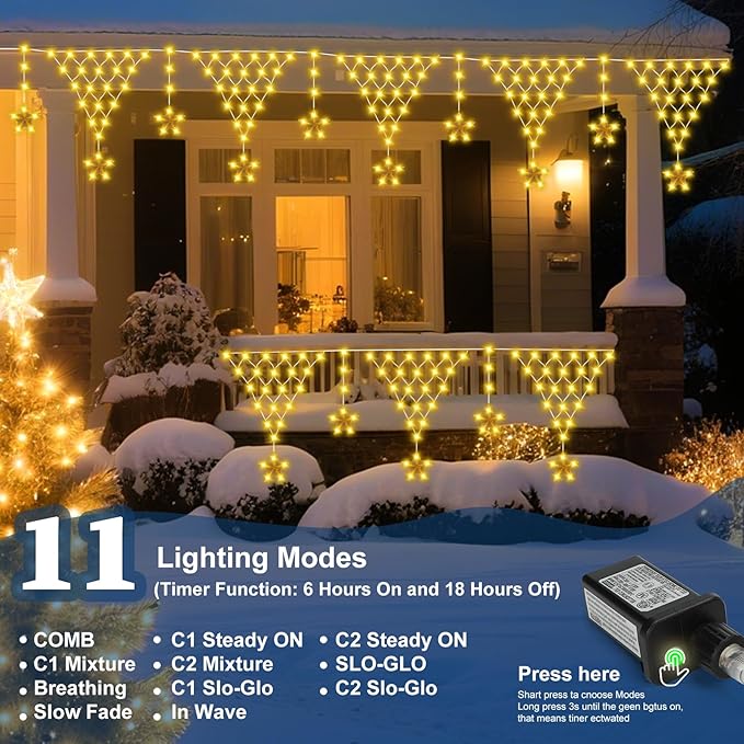 Outdoor Christmas Decorations Lights 13.8ft 200 LED Christmas Lights with 12 Stars,Dimmable Curtain Fairy Light with 8 Modes for Wedding Party Holiday Christmas Decor(RGB)