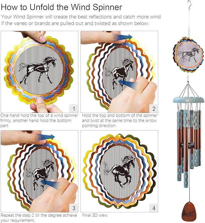 Wind Chimes for Outside with 3D Animations Horse Wind Spinner,37" Memorial Wind Chimes Outdoor Garden Decor,Horse Gifts for Women Mom Grandma Men Father,Patio Decorations,Garden Ornaments