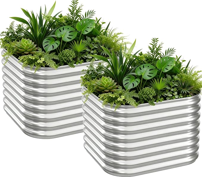 2 PCS Tall Galvanized Raised Garden Bed Outdoor, Metal Garden Bed for Vegetables, Above Ground Garden Box for Flower, Steel Raised Beds for Gardening - 2FT