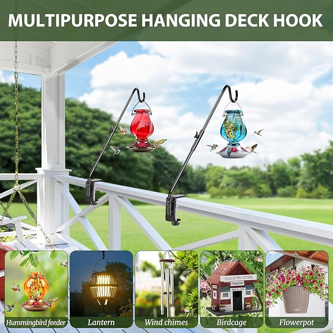 BOLITE Heavy Duty Deck Hook, 16 Inch Bird Feeder Hanger for Hummingbird Feeders, Planters, Lanterns, Wind Chimes, 360° Rotatable Arm, Black, Birthday Gifts for Women Men, Gifts for Mom Dad