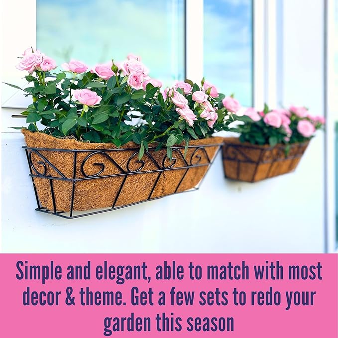 LaLaGreen Wall Planters for Outdoor Plants (2 Pack, 16 Inch) Window Flower Boxes Basket Attach to House, Deck Railing Strawberry Planters with Coco Liners BalconyTroughs Fence Patio Porch Over Rail