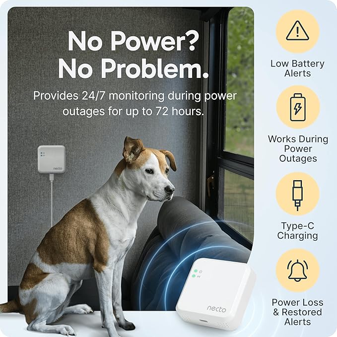 Necto Cellular Temperature Monitor - Remote Power Failure Alarm & Humidity Sensor with Unlimited Alerts. Temp Monitoring System for RV Pet Safety, Vacation Home, Server Room. No Fees or WiFi Required