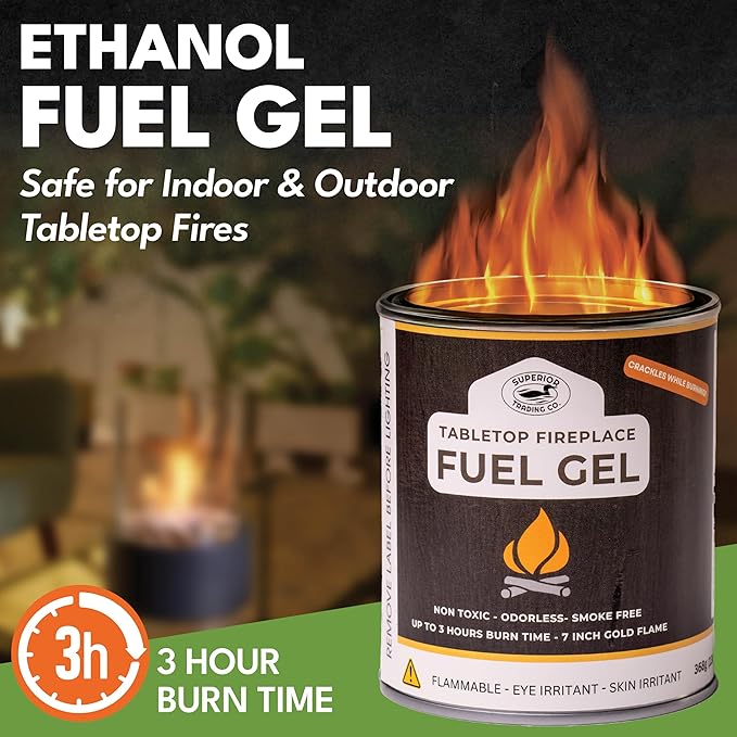Superior Trading Co. Real Flame Gel Fuel Cans for Fireplace, Clean-Burning Ethanol Fuel Gel, Smoke-Free, 3-Hour Burn, Indoor Safe, 368g, 6 Pack