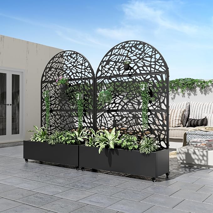 Casaphoria Metal Raised Garden Bed with Trellis and Wheels, 72"x47"x16" Planter Box for Climbing Plants, Vegetables & Vines, Features Drainage Holes and Privacy Screen (Black-Net)