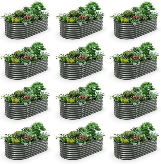 A ANLEOLIFE 12-Set 8X4X2 ft Galvanized Raised Garden Bed Kit, Oval Metal Deep Root Planters for Outdoor Plants, Quartz Grey