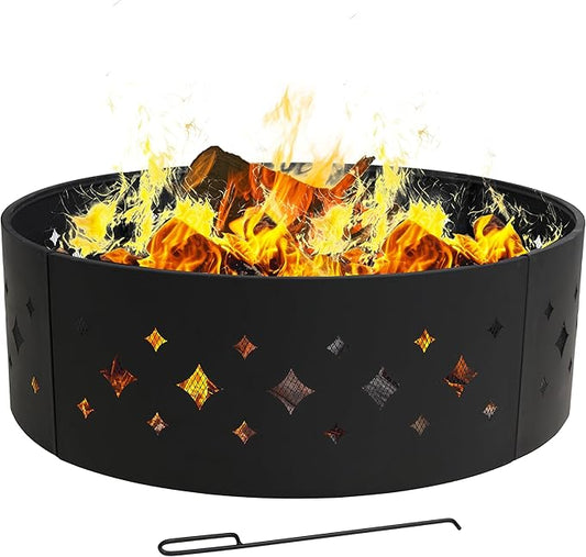 Sunnydaze 36-Inch Outdoor Fire Pit Ring with Poker - Round Heavy-Duty Steel Fire Ring for Camping or Backyard - Diamond - 10" H