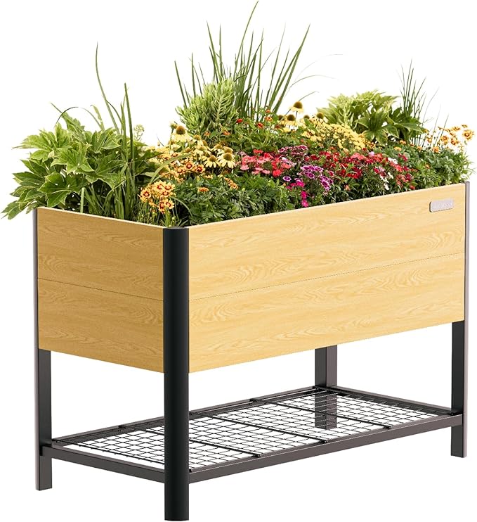 Raised Garden Bed with Legs, 2' x 4' Metal Woodgrain Elevated Outdoor Planters Boxes with Storage Rack for Patio, 1000 lbs Weight Capacity, Raised Beds for Gardening Herb Flowers Vegetables