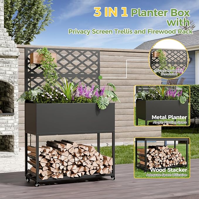 Metal Planter Box with Trellis, 3 in 1 Raised Garden Bed with Trelli & Firewood Rack, Privacy Planter Screen for Climbing Plants, Vine, Outdoor Garden Standing Beds with Drainage Holes, Wheels,Black