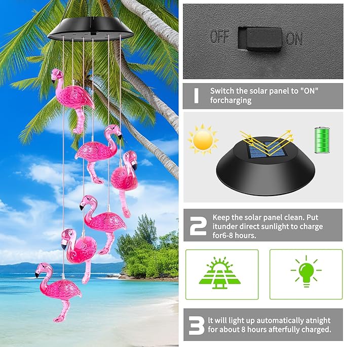 Solar Flamingo Wind Chimes,IP65 Waterproof Flamingo Lights with Color Changing LED Solar Wind Chimes, Light LED Black Cover Gift for Christmas Garden Decor Porch Decoration