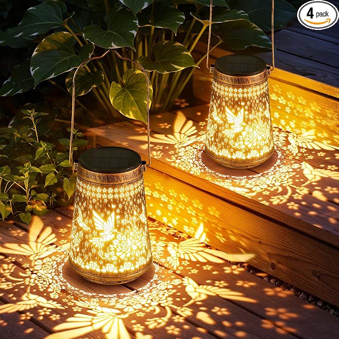 4 Pack Solar Lanterns Outdoor Waterproof Birthday Gifts for Women Mom Grandma, Hollowed-Out Metal Hummingbird Hanging Solar Lantern Lights Outdoor Decor, 2 Modes Lights Decor for Yard, Patio