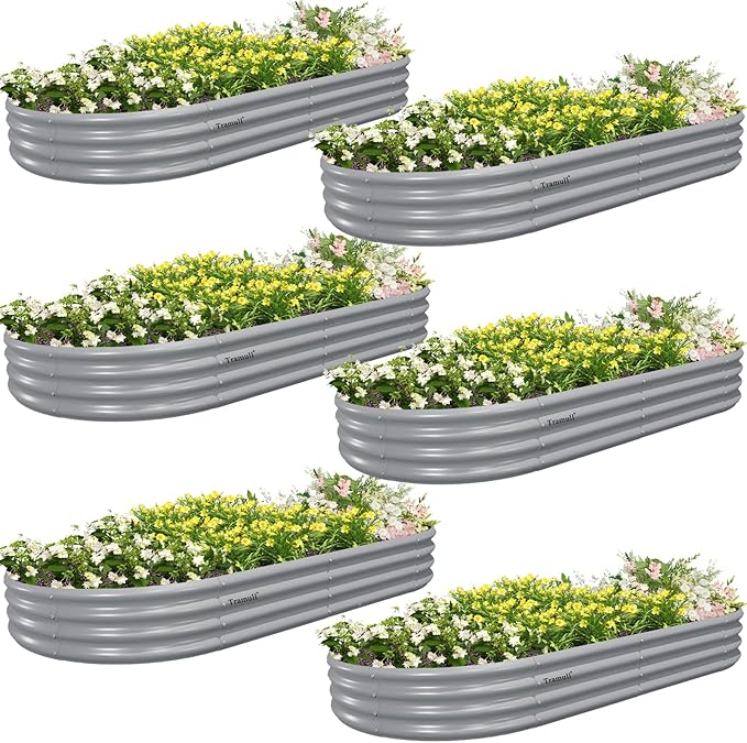 6 Pack 8x4x1FT Galvanized Raised Garden Bed Kit Oval Metal Ground Planter Box Outdoor Bottomless Planter Raised Beds for Vegetables Flowers Herbs Fruits, Gray