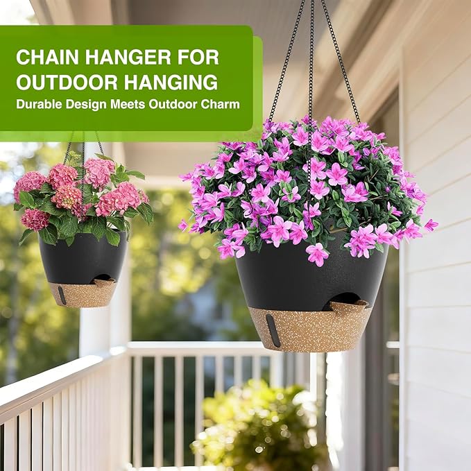 Set of 2 Hanging Planters for Indoor Plants with Self Watering Includes Hanging Pots and 2 Types Plant Hangers, Outdoor Hanging Baskets Holder for Home Garden, 10 Inch Midnight Black