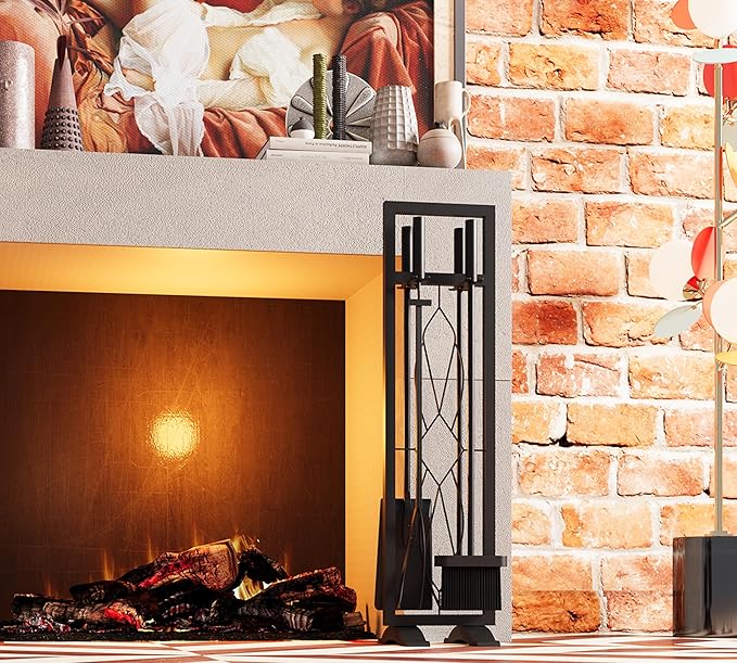 Fire Beauty Fireplace Tools Set 5 Pieces Fireside Accessories Fire Kit Stand Woodstove Tools Holder Wrought Iron Handle Indoor Fireset Stand