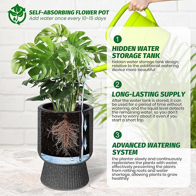14.2" Tall Planters Set of 2, Large Indoor/Outdoor Self-Watering Plant Pots with Drainage, Water Level Monitor & Wheels, Flower Pots for Patio, Porch, Living Room, Home Office