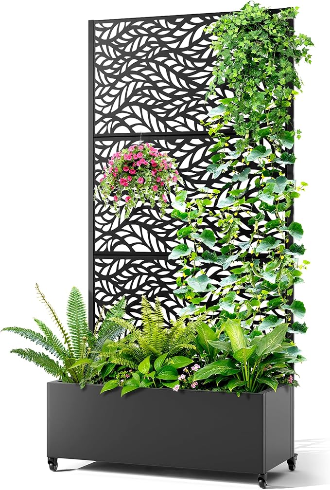 Metal Raised Garden Bed with Trellis, 2-in-1 Planter Box & Privacy Screen for Climbing Plants, Outdoor Standing Flower Bed with Drainage Holes, 35.4" L x 15.7" W x 70.1" H, Black-Spring