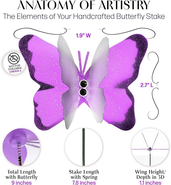 Handmade Purple Butterfly Garden Stakes - Set of 7 Premium 3D Hand-Painted Butterflies with Fluttering Spring Movement, Weatherproof Metal Rod, Outdoor Indoor Decor, Ideal Gift