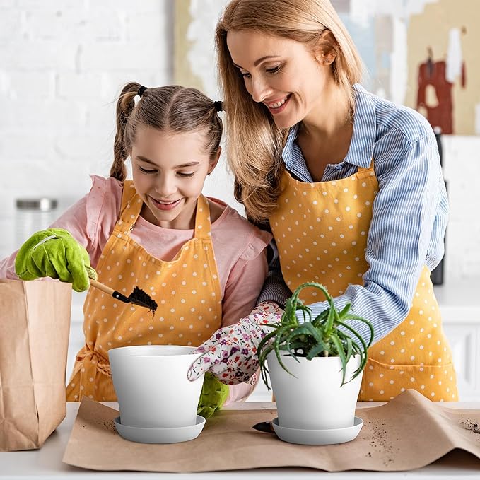 Aodaer 24 Pack 4 Inch Plastic Planters with Multiple Drainage Holes and Tray Indoor Outdoor Flower Plant Nursery Pots with Labels Flower Seedling Pots for Herb Garden Home Succulents, White