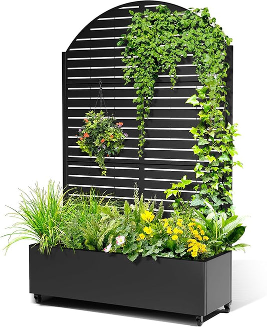 Metal Raised Garden Bed with Trellis, 2-in-1 Planter Box & Privacy Screen for Climbing Plants, Outdoor Standing Flower Bed with Drainage Holes, 47.2" L x 16.7" W x 70.8" H, Black-Louvered