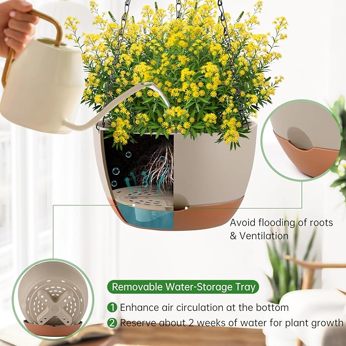 Set of 2 10 Inch Self Watering Hanging Planters for Indoor Outdoor Plants, Color Blocking Hanging Baskets Flower Pots with Drainage Hole & Removable Water-Storage Tray