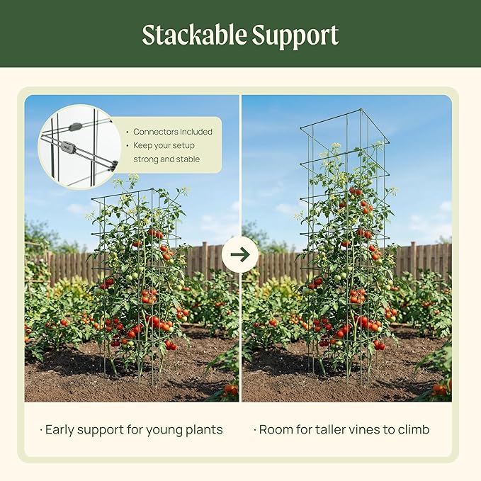 Vego Garden 2 Pack Tomato Cage 14.5"x 58" Square for Garden & Pots, Rust-Resistant Tomato Stackable Plant Cage Trellis Support for Climbing Vegetables Plants