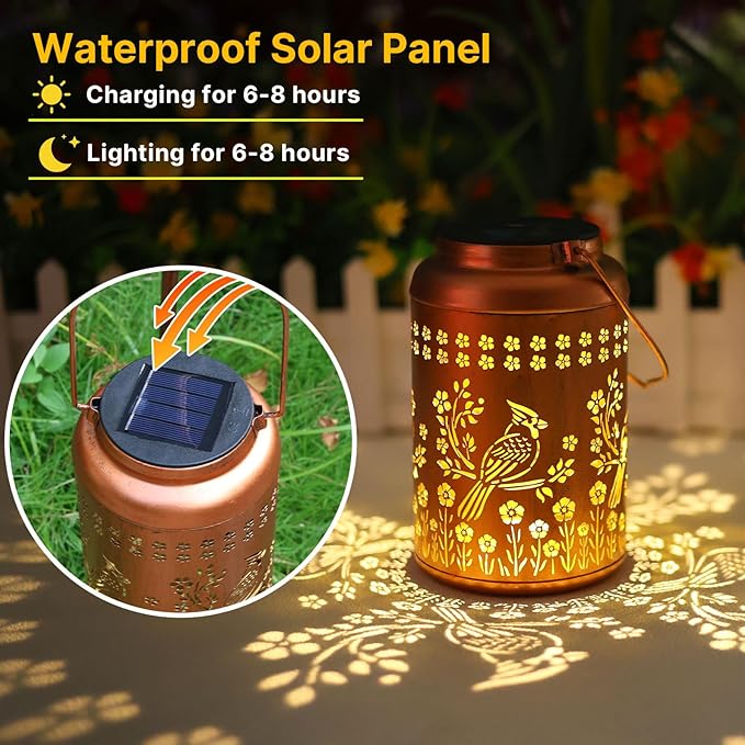 2Pack Cardinal Solar Lanterns Outdoor Waterproof Garden Decor Gifts for Women Mom Grandma Hanging Solar Lights Metal Christmas Gifts Decorative Lantern for Yard, Patio, Lawn, Pathway, Landscape