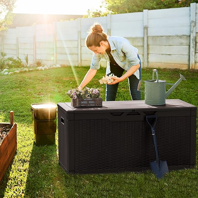 Greesum 100 Gallon Resin Deck Box Large Outdoor Storage, Imitation Rattan Weave Texture for Patio Furniture, Garden Tools, Pool Supplies, Weatherproof and UV Resistant, Lockable, Dark Brown