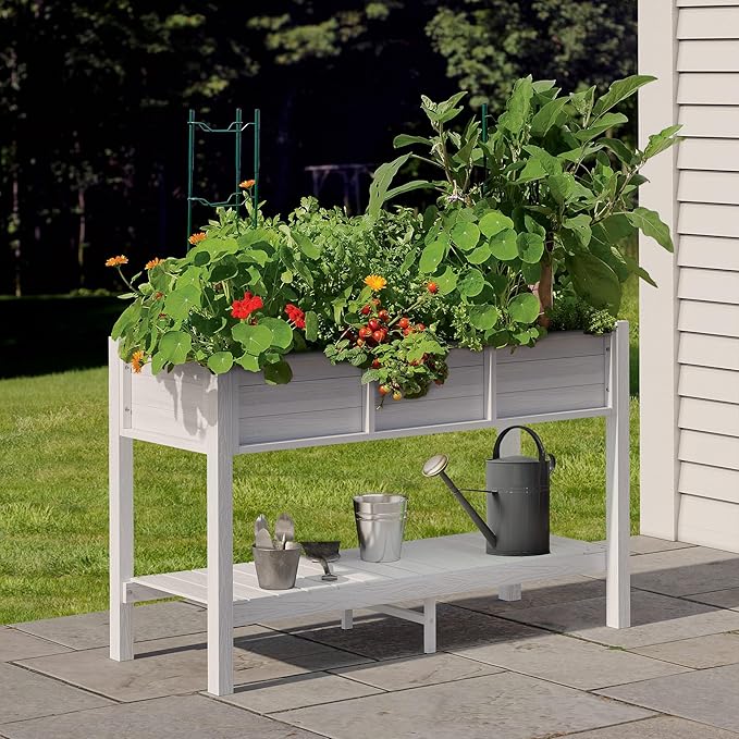 DWVO 48x18x30in Raised Garden Bed, Poly Wood Planter Box Stand,Weather Resistant Planter Box with Legs & Storage Shelf, Elevated Garden Bed for Backyard, Patio, Balcony,White