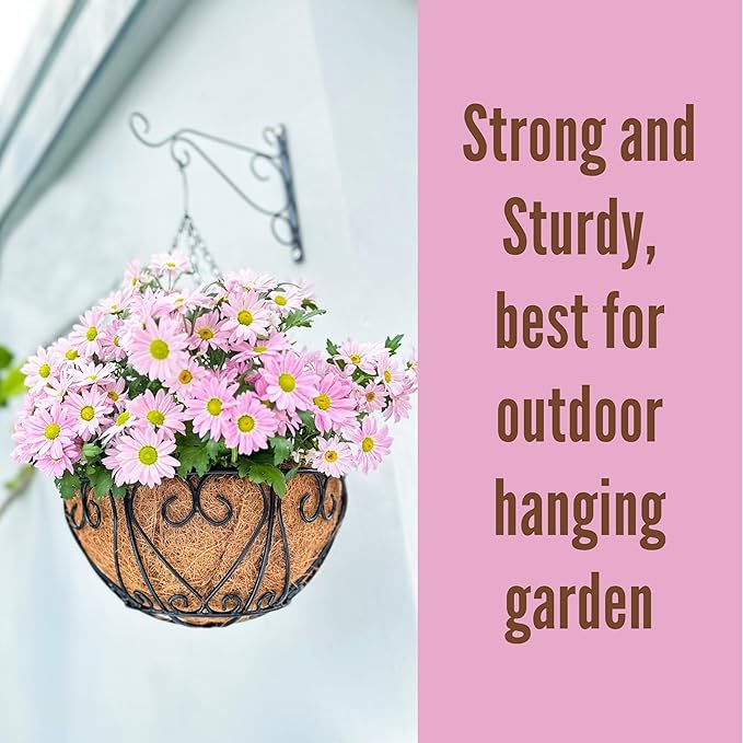 LaLaGreen Hanging Baskets for Plants (16 Inch, 6 Pack) Extra Large Hanging Flower Pot with Coco Liner Black Metal Wire Round Plant Holder with Hanger Hook Chain Outdoor Patio Deck Balcony Garden Decor