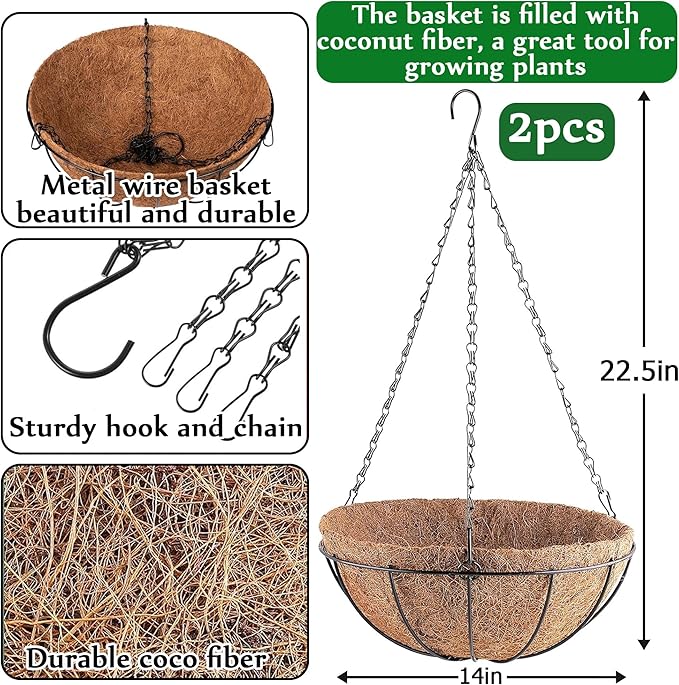 Orgrimmar 2 Pack 14" Metal Hanging Planter Basket with Coco Coir Liner, Small Round Wire Plant Holder with Chain for Hanging Plant and Flower