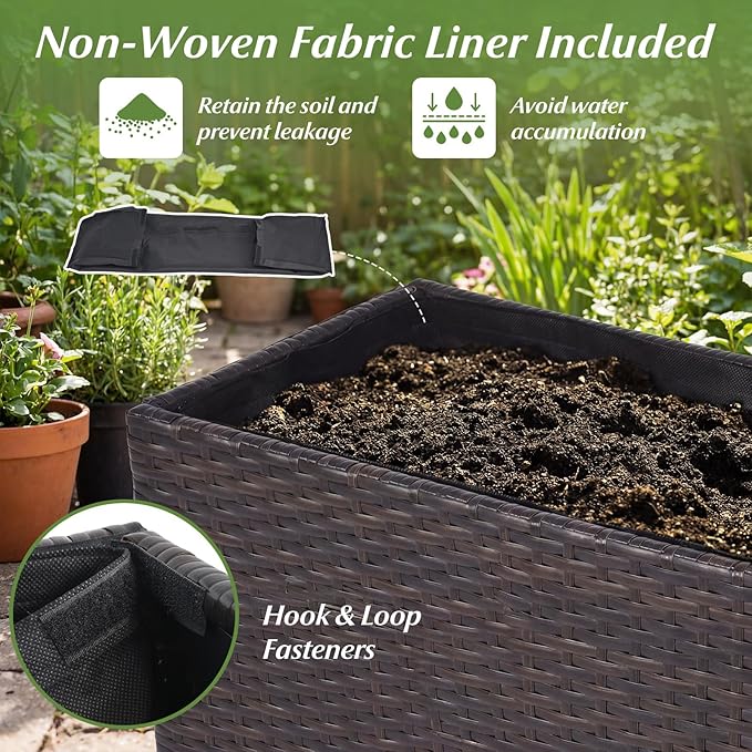 Giantex Set of 2 Wicker Raised Garden Bed, 32”x11”x24”, Rectangular Garden Planter Box w/PE Rattan, Liner Fabric, Wicker Patio Elevated Raised Bed for Vegetable Flower Herb Porch Balcony