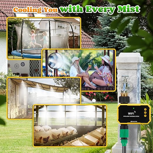 Moongiantgo Outdoor Misting Cooling System with Solar WiFi Water Timer, Misters for Outside Patio with 65.5FT(20M) Water Pipe+20 Misting Nozzles 0.02’’, Mister System for Outside Patio Garden Beaches