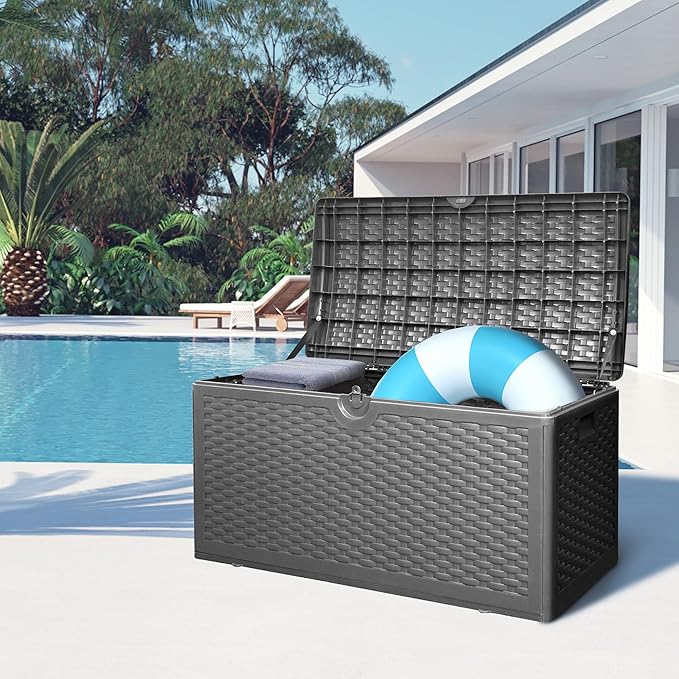 80GAL Deck Box Black，Waterproof Resin Storage Bin， Package Delivery，Garden，Patio Cushions，UV Resistant