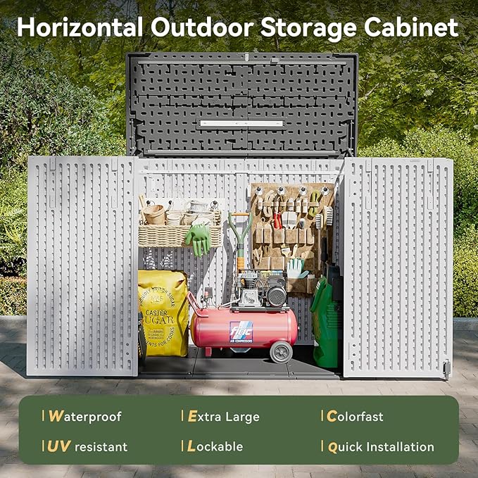 AOXUN Horizontal Storage Sheds 41 Cu.ft, HDPE Outdoor Storage Box 160 Gallon, Waterproof Lockable Resin Deck Box with Spring-Assisted Lid, Patio Storage for Garden, Pool, Cushions, Tools, White