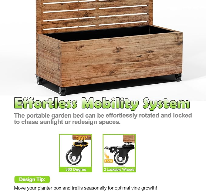 15.7"×70.9"×35.4" Metal Raised Garden Bed with Trellis and Wheels - Tall Trellis Planter Box for Climbing Plants, Vegetables & Vines - Outdoor Privacy Planters for Patio (Natural Wood Grain)