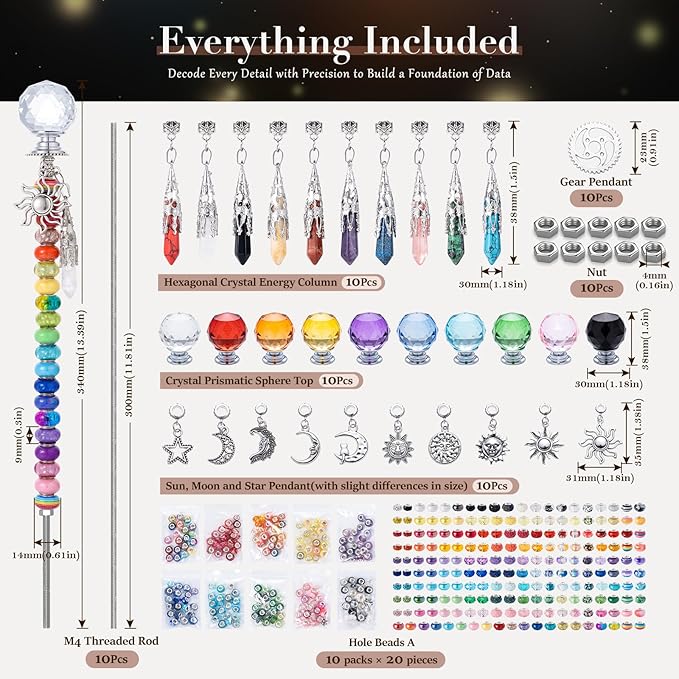 260 Pcs DIY Beaded Garden Stakes, Fairy Wand 10-Pack Garden Decorative Kit with Healing Crystal Pendant, 12in Threaded Rods, Crystal Diamond Tops, for Spring Garden Outdoor&Indoor Decorations