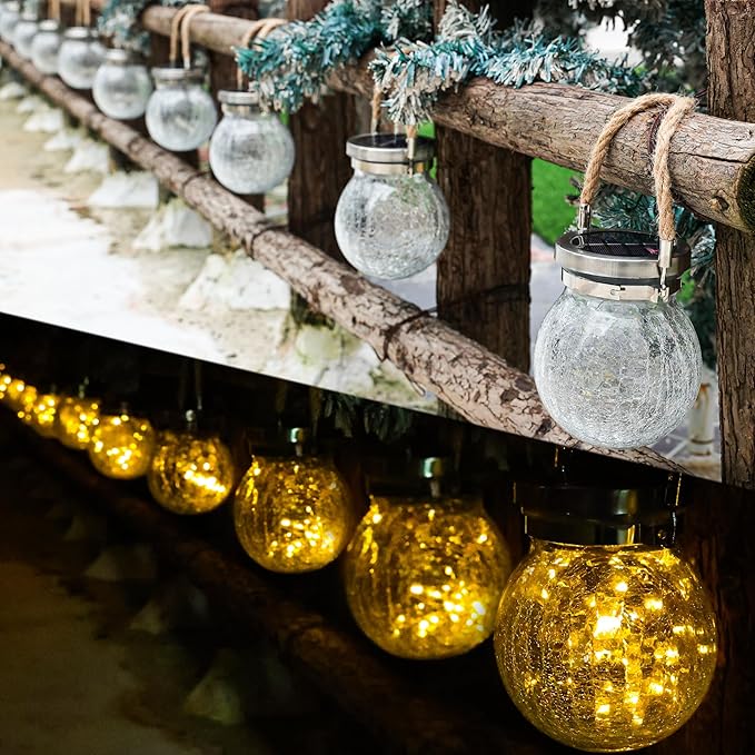 Cooo Christmas Gifts 2 Pack Solar Lanterns Waterproof Outdoor Heavy Crackle Glass 30 LED Warm Firefly Lights Stainless Steel Lid 215% Solar for Women Mom Grandma Outdoor Table Lamps Garden Yard Decor
