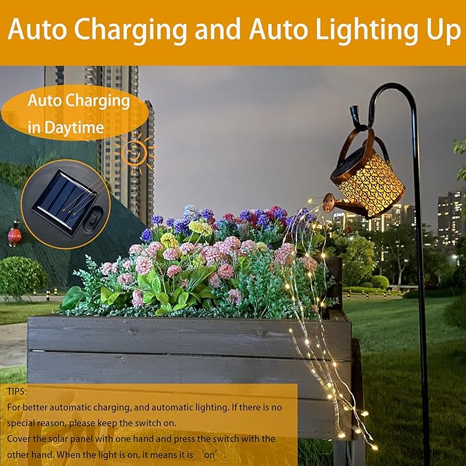 Solar Lanterns Outdoor Waterproof,Metal Watering Can Garden Decor Ornaments,Hanging Yard Art Lights,Outside Patio Decorations,Gardening Birthday Gifts for Mom Grandma Women,with Hook, Large