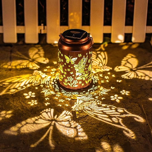 Fairy Solar Lanterns Outdoor Waterproof Hanging Butterfly Lights Birthday Gifts for Women Mom Grandma Hollow Out Metal Lantern Decorative Garden Decor for Patio,Deck,Balcony
