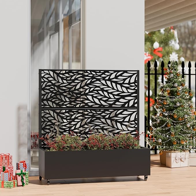Casaphoria Metal Raised Garden Bed with Trellis and Wheels, 47"x47"x16" Planter Box for Climbing Plants, Vegetables & Vines, Features Drainage Holes and Privacy Screen (Black-Spring)
