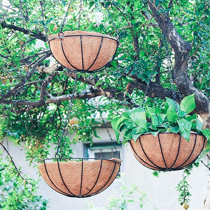 Outdoor Metal Hanging Planters Basket (4pack, 14 inch) Hanging Baskets for Plants Chain Round Wire Plant Holder with Coco Fiber Liners for Garden, Patio, Deck, Porch