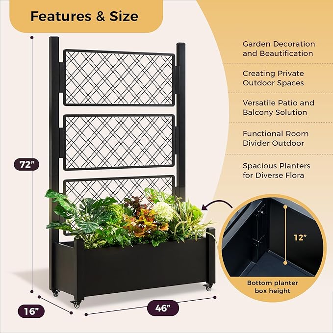 Metal Raised Garden Bed with Trellis, 72Hx46Wx16D Inch Large Outdoor Planter Box for Climbing Plants, Vegetables & Vines, Privacy Screen with Wheels and Drainage Holes, Black