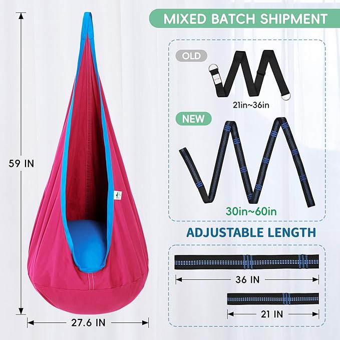 OUTREE Kids Pod Swing Seat, Cotton Child Hammock Swing Chair, Sensory Swing for Indoor and Outdoor Use, Pink and Blue