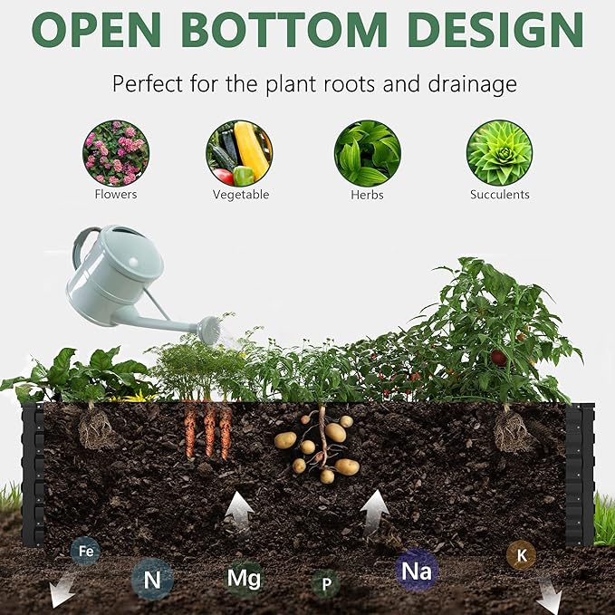 FOOWIN 4pcs 6x3x2ft Galvanized Raised Garden Bed, Planter Raised Garden Boxes Outdoor, Large Metal Raised Beds for Gardening, Garden Bed for Vegetables, Flowers, Herb,269 Gallon Capacity, Black